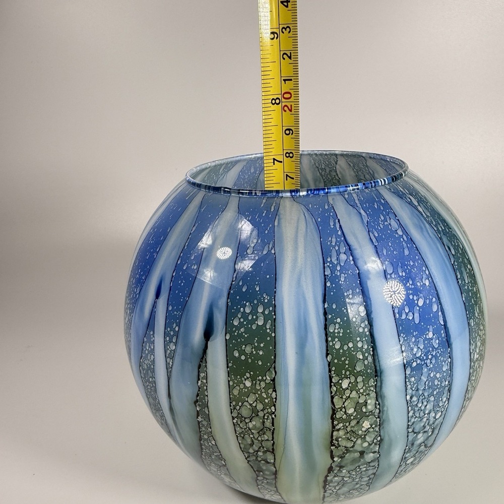 Vintage Art Glass, Hand Blown Rose Bowl Vase, Blue Green Watercolor‎ 7" - Picture 9 of 11